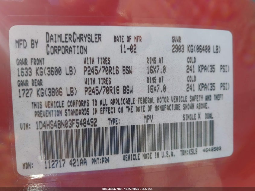 2003 Dodge Durango Slt VIN: 1D4HS48N03F548492 Lot: 43547780