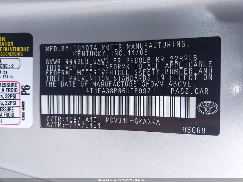 2006 Toyota Camry Solara Sle VIN: 4T1FA38P86U089971 Lot: 43547794