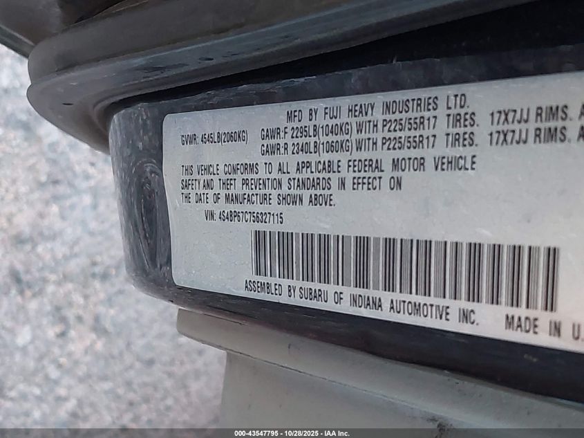 2005 Subaru Outback 2.5Xt Limited VIN: 4S4BP67C756327115 Lot: 43547795