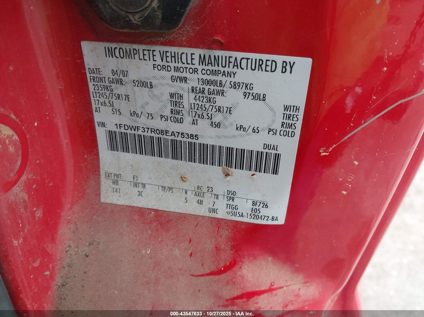 2008 Ford F-350 Chassis Xl/Xlt VIN: 1FDWF37R08EA75385 Lot: 43547833