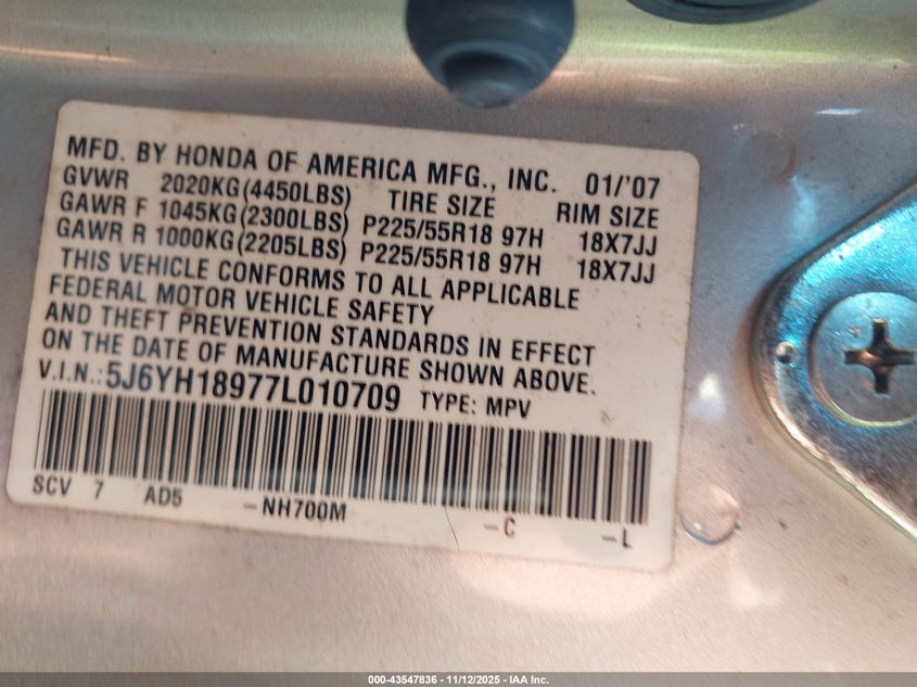 2007 Honda Element Sc VIN: 5J6YH18977L010709 Lot: 43547836