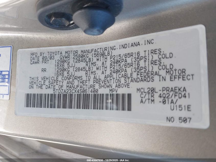 2004 Toyota Sienna Ce VIN: 5TDZA23CX4S061400 Lot: 43547838