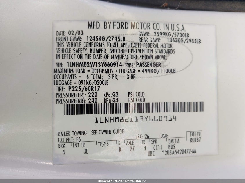 2003 Lincoln Town Car Signature VIN: 1LNHM82W13Y660914 Lot: 43547839