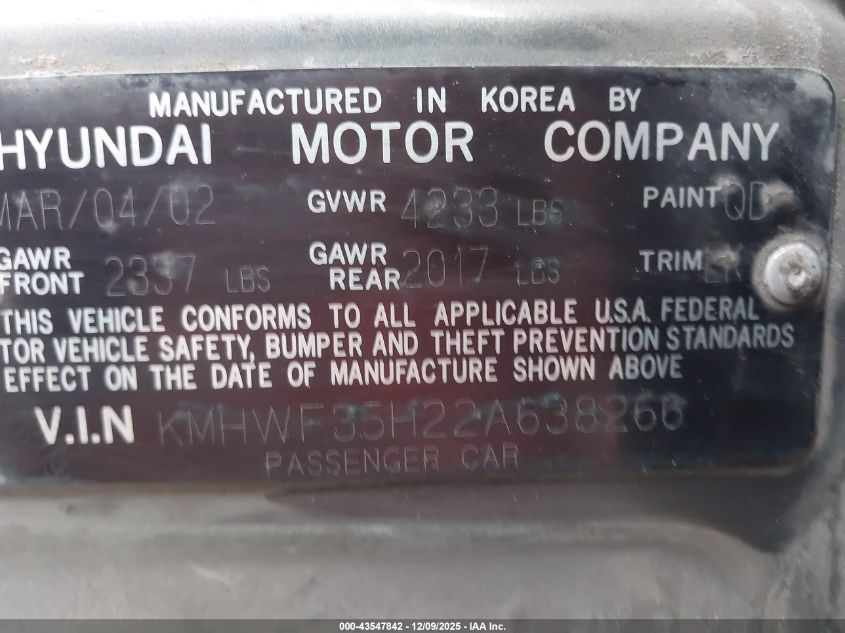 2002 Hyundai Sonata Gls/Lx VIN: KMHWF35H22A638266 Lot: 43547842