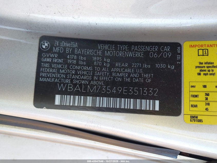 2009 BMW Z4 Sdrive35I VIN: WBALM73549E351332 Lot: 43547846