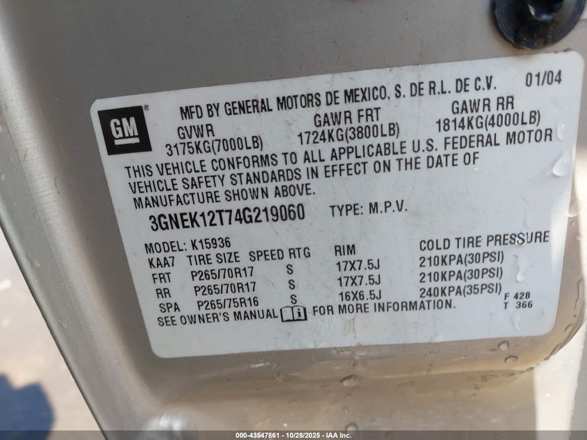 2004 Chevrolet Avalanche 1500 VIN: 3GNEK12T74G219060 Lot: 43547861