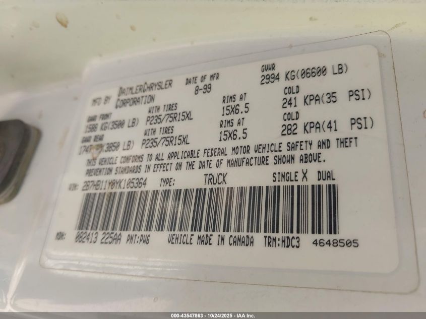 2000 Dodge Ram Van 1500 Conversion VIN: 2B7HB11Y0YK105364 Lot: 43547863