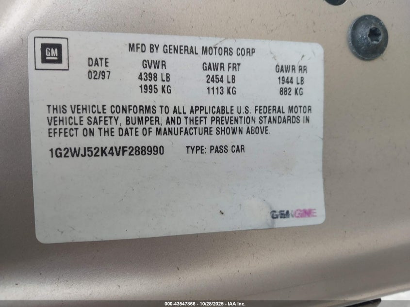 1997 Pontiac Grand Prix Se VIN: 1G2WJ52K4VF288990 Lot: 43547866