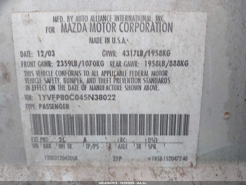 2004 Mazda Mazda6 I VIN: 1YVFP80C045N38022 Lot: 43547878