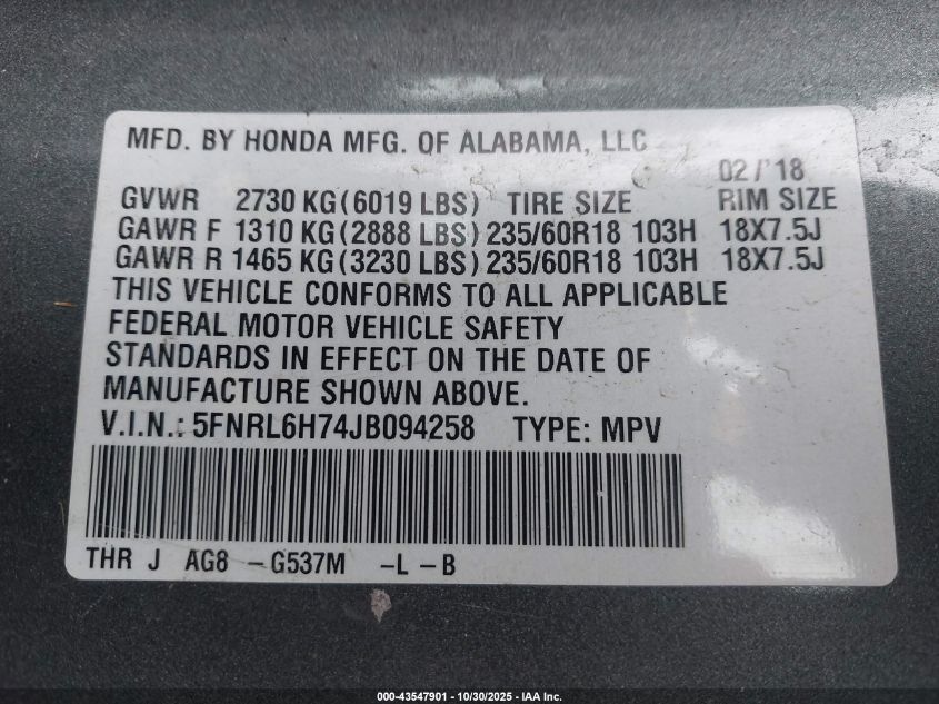 2018 Honda Odyssey Ex-L VIN: 5FNRL6H74JB094258 Lot: 43547901