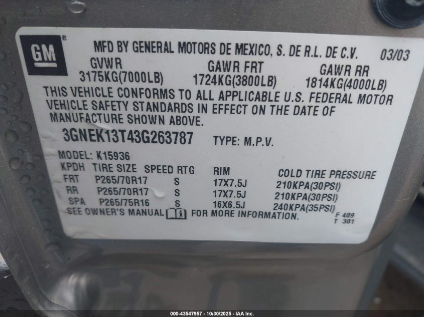 2003 Chevrolet Avalanche 1500 VIN: 3GNEK13T43G263787 Lot: 43547957