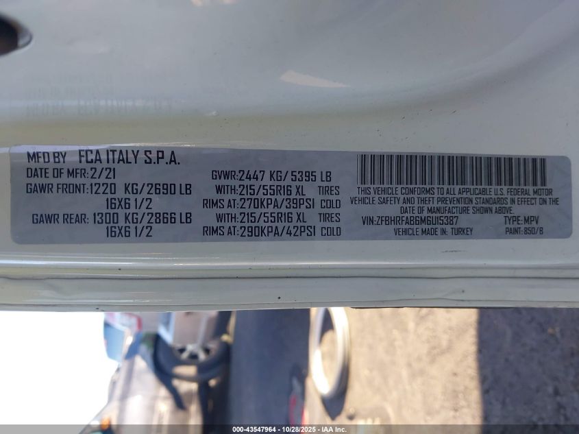 2021 Ram Promaster City Tradesman VIN: ZFBHRFAB6M6U15387 Lot: 43547964