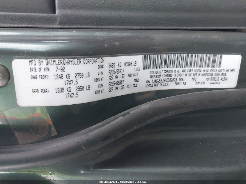 2003 Jeep Grand Cherokee Limited VIN: 1J4GW58J93C502073 Lot: 43547974