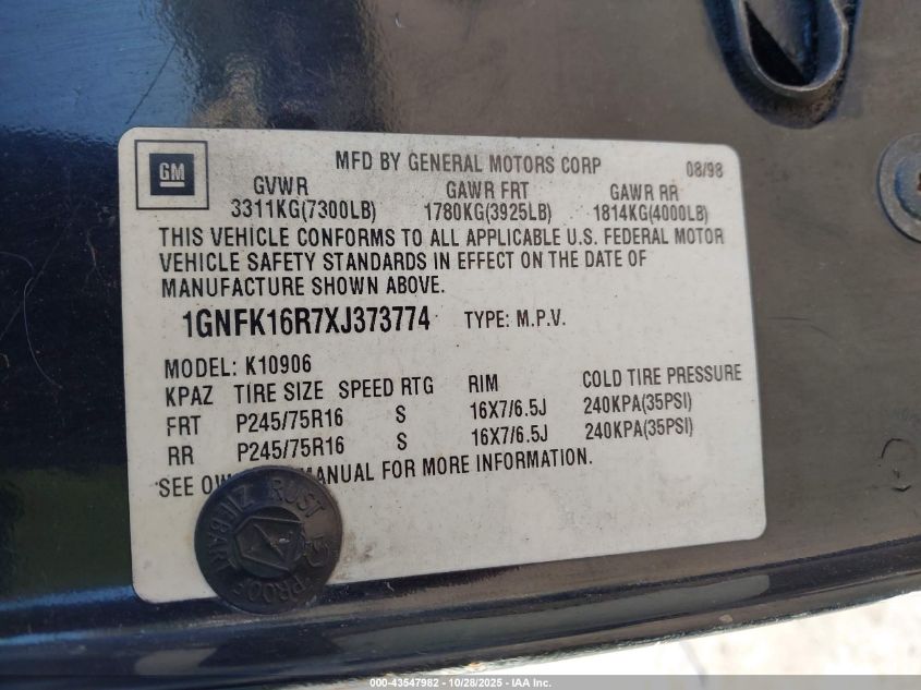 1999 Chevrolet Suburban 1500 Lt VIN: 1GNFK16R7XJ373774 Lot: 43547982