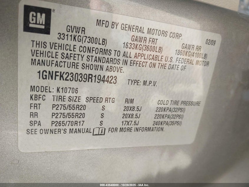 2009 Chevrolet Tahoe Lt2 VIN: 1GNFK23039R194423 Lot: 43548000