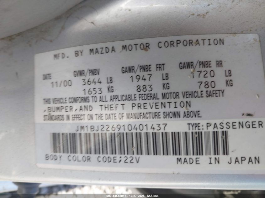 2001 Mazda Protege Es/Lx VIN: JM1BJ226910401437 Lot: 43548017