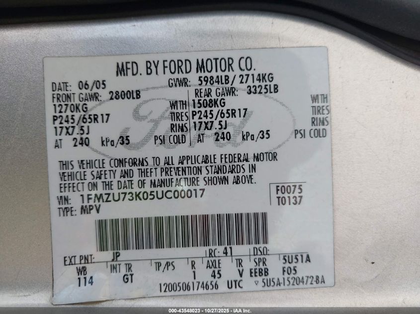 2005 Ford Explorer Xlt/Xlt Sport VIN: 1FMZU73K05UC00017 Lot: 43548023