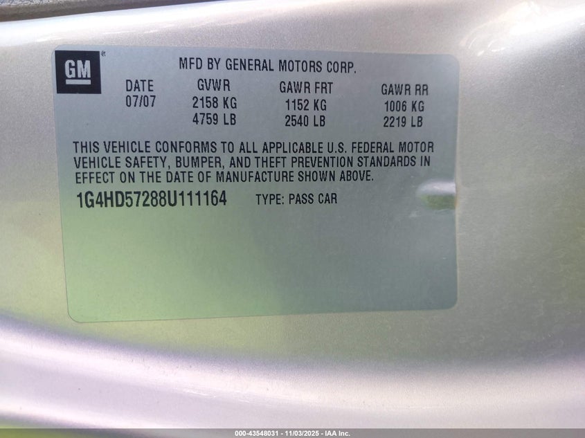 2008 Buick Lucerne Cxl VIN: 1G4HD57288U111164 Lot: 43548031