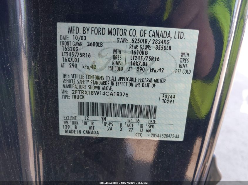 2004 Ford F-150 Heritage Xl/Xlt VIN: 2FTRX18W14CA18376 Lot: 43548039