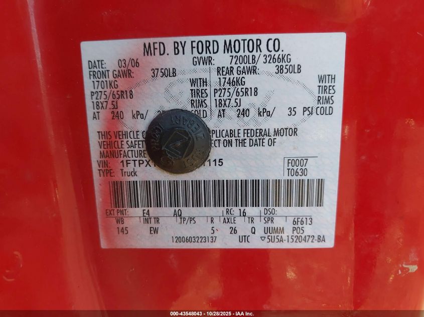 2006 Ford F-150 Fx4/Lariat/Xl/Xlt VIN: 1FTPX145X6NB31115 Lot: 43548043