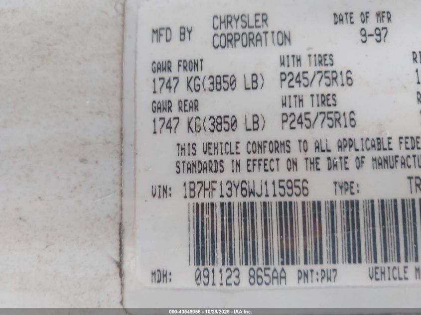 1998 Dodge Ram 1500 St VIN: 1B7HF13Y6WJ115956 Lot: 43548056