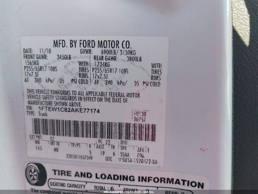 2010 Ford F-150 Fx2 Sport/Xl/Xlt VIN: 1FTEW1C82AKE77174 Lot: 43548060