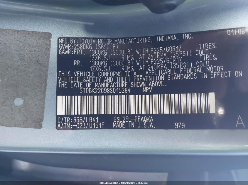 2008 Toyota Sienna Xle VIN: 5TDBK22C98S015384 Lot: 43548063