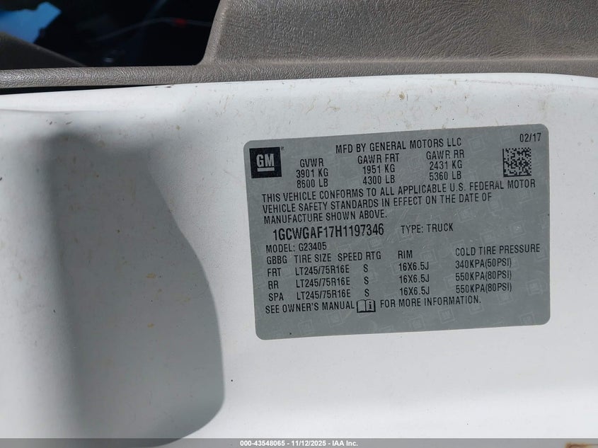 2017 Chevrolet Express 2500 Work Van VIN: 1GCWGAF17H1197346 Lot: 43548065