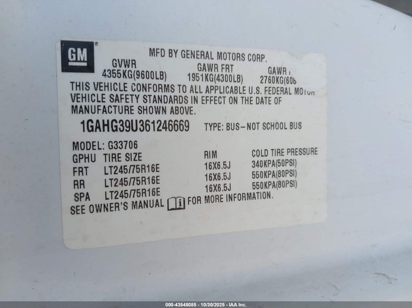 2006 Chevrolet Express Ls VIN: 1GAHG39U361246669 Lot: 43548085