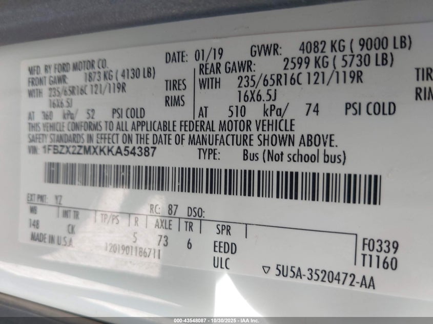 2019 Ford Transit-350 Xl VIN: 1FBZX2ZMXKKA54387 Lot: 43548087