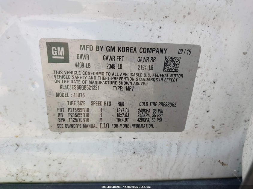 2016 Buick Encore VIN: KL4CJESB6GB521321 Lot: 43548093