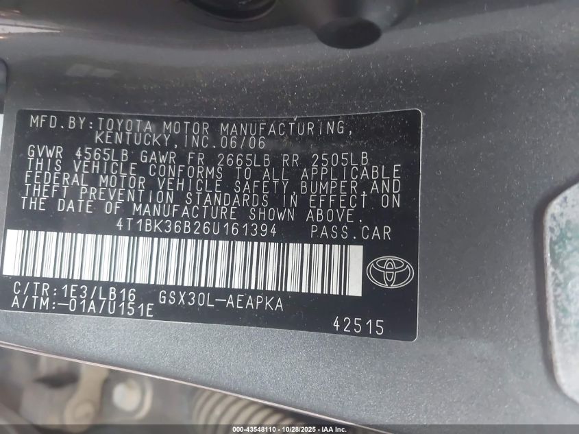 2006 Toyota Avalon Limited VIN: 4T1BK36B26U161394 Lot: 43548110