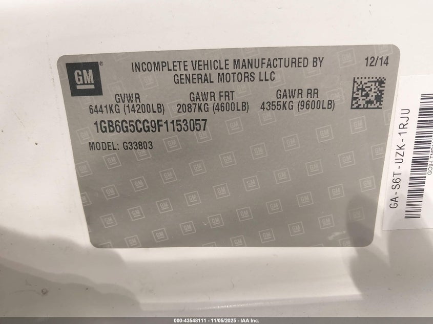 2015 Chevrolet Express Cutaway 4500 VIN: 1GB6G5CG9F1153057 Lot: 43548111