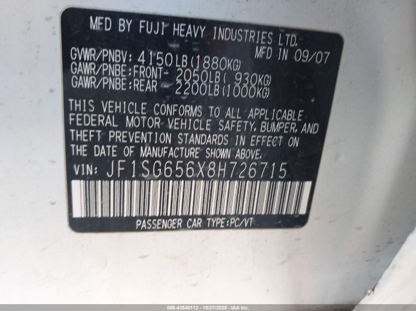 2008 Subaru Forester 2.5X VIN: JF1SG656X8H726715 Lot: 43548112