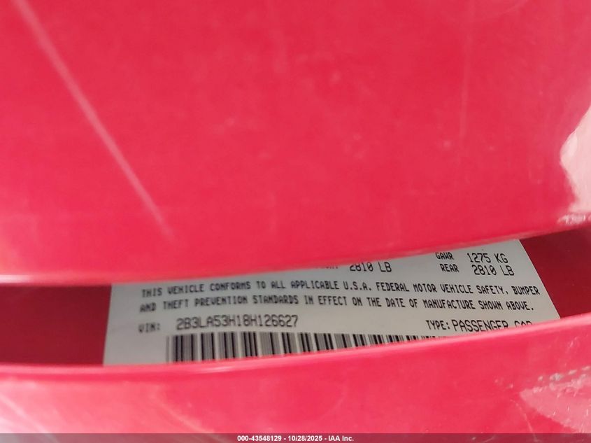 2008 Dodge Charger R/T VIN: 2B3LA53H18H126627 Lot: 43548129