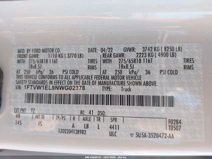 2022 Ford F-150 Lightning Pro VIN: 1FTVW1EL9NWG02378 Lot: 43548133