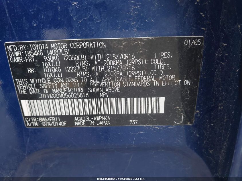 2005 Toyota Rav4 VIN: JTEHD20V056025818 Lot: 43548155