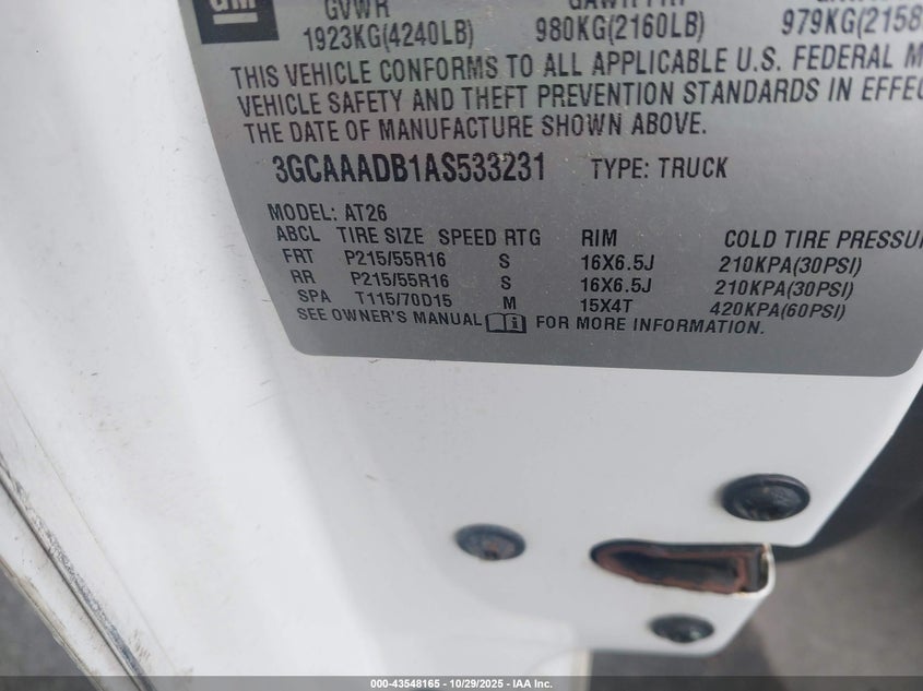 2010 Chevrolet Hhr Panel Ls VIN: 3GCAAADB1AS533231 Lot: 43548165