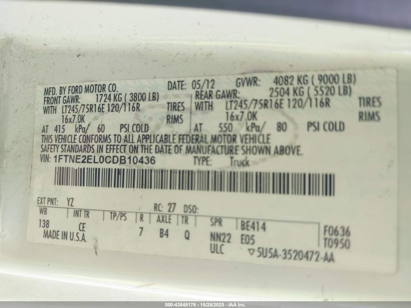 2012 Ford E-250 Commercial VIN: 1FTNE2EL0CDB10436 Lot: 43548178