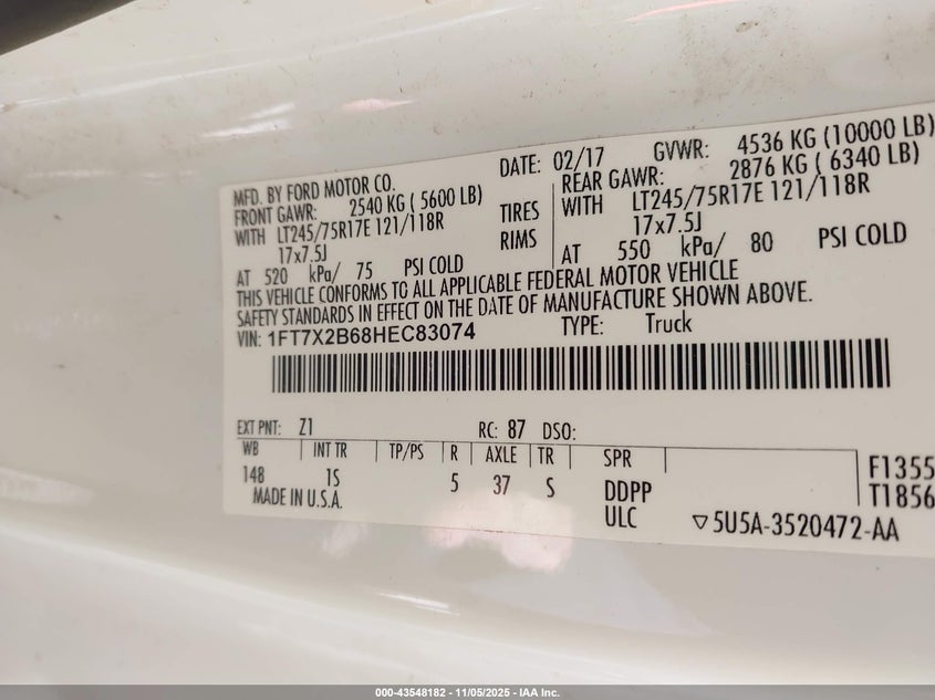 2017 Ford F-250 Xl VIN: 1FT7X2B68HEC83074 Lot: 43548182