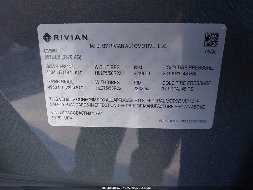 2026 Rivian R1S VIN: 7PDSGCBA8TN075797 Lot: 43548257