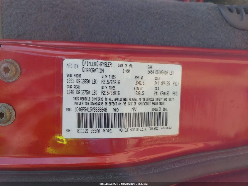 2000 Chrysler Town & Country Lxi VIN: 1C4GP54L5YB626848 Lot: 43548276