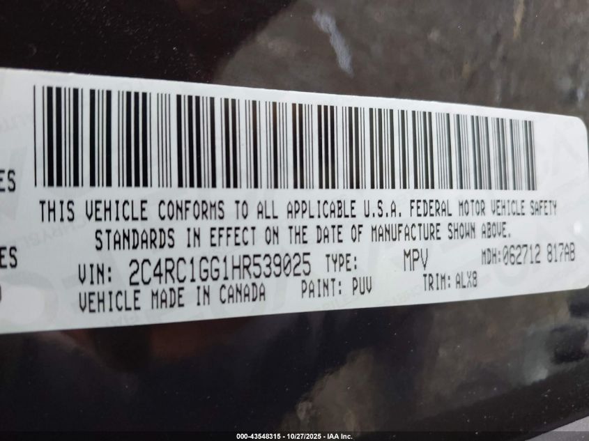 2017 Chrysler Pacifica Limited VIN: 2C4RC1GG1HR539025 Lot: 43548315