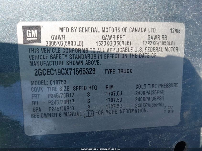 2007 Chevrolet Silverado 1500 Work Truck VIN: 2GCEC19CX71565323 Lot: 43548319
