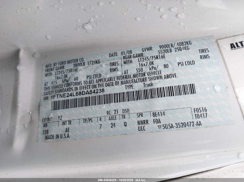 2008 Ford E-250 Commercial/Recreational VIN: 1FTNE24L68DA84238 Lot: 43548325