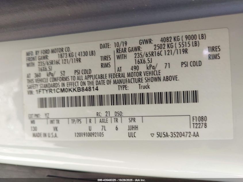 2019 Ford Transit-250 VIN: 1FTYR1CM0KKB84814 Lot: 43548329