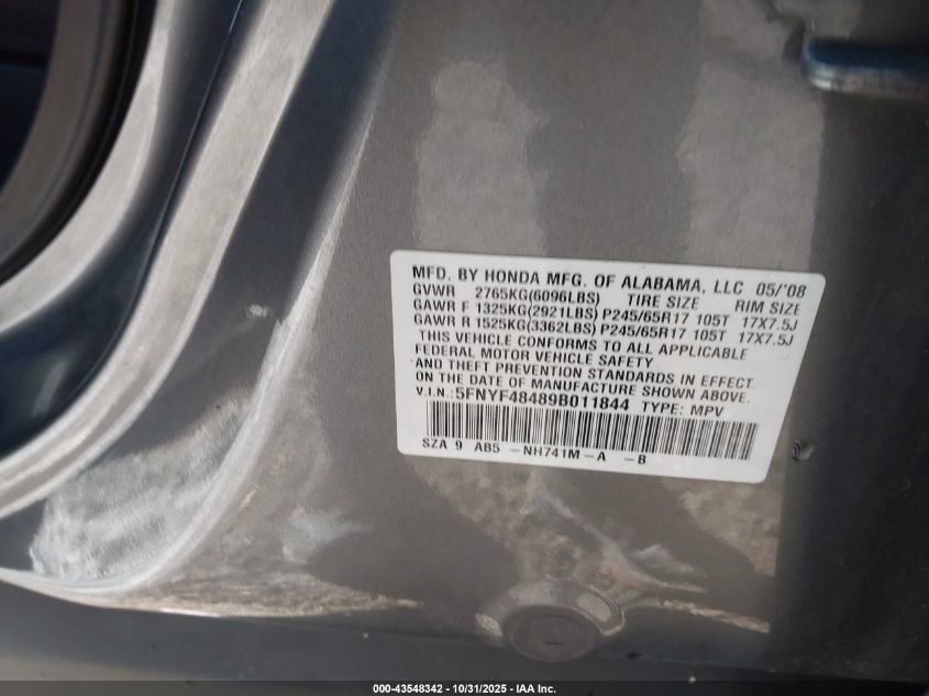 2009 Honda Pilot Ex VIN: 5FNYF48489B011844 Lot: 43548342