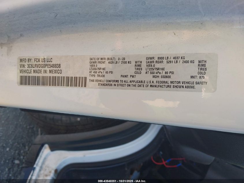 2023 Ram Promaster 2500 High Roof 159 Wb VIN: 3C6LRVDG0PE548838 Lot: 43548351