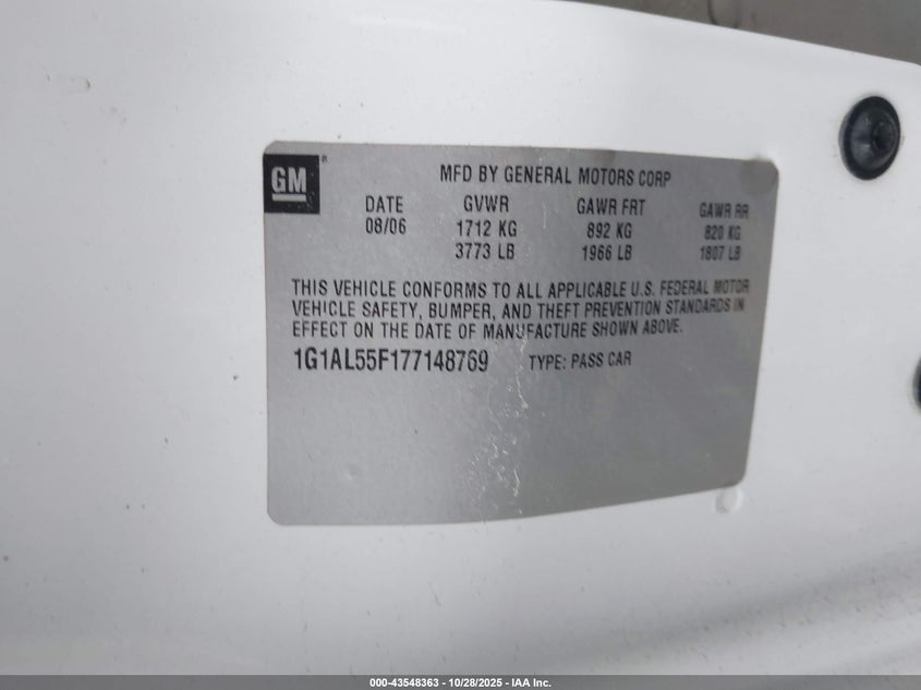 2007 Chevrolet Cobalt Lt VIN: 1G1AL55F177148769 Lot: 43548363