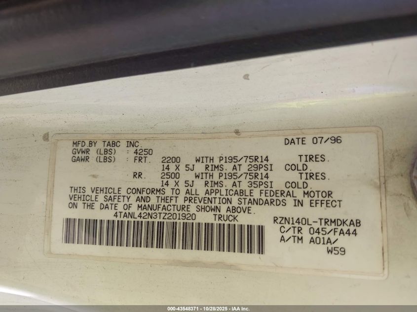 1996 Toyota Tacoma VIN: 4TANL42N3TZ201920 Lot: 43548371